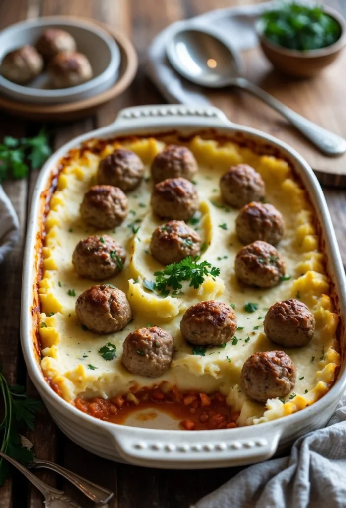 Meatball and Mashed Potato Bake 1 1 A baked casserole dish filled with meatballs and mashed potatoes on a wooden table with a serving spoon and fresh herbs nearby.
