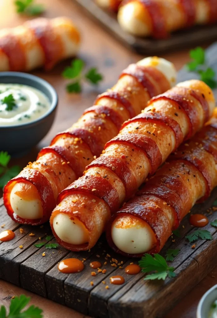 Nashville Hot Bacon Wrapped Mozzarella Sticks 2 A close-up of bacon wrapped mozzarella sticks coated in spicy sauce on a wooden board with a bowl of dipping sauce and parsley garnish.