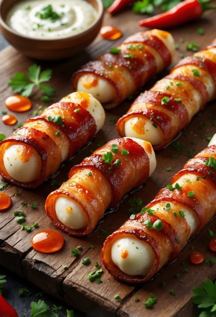 Nashville Hot Bacon Wrapped Mozzarella Sticks 3 Close-up of bacon-wrapped mozzarella sticks coated in spicy sauce on a wooden board with a bowl of dipping sauce and chili peppers nearby.