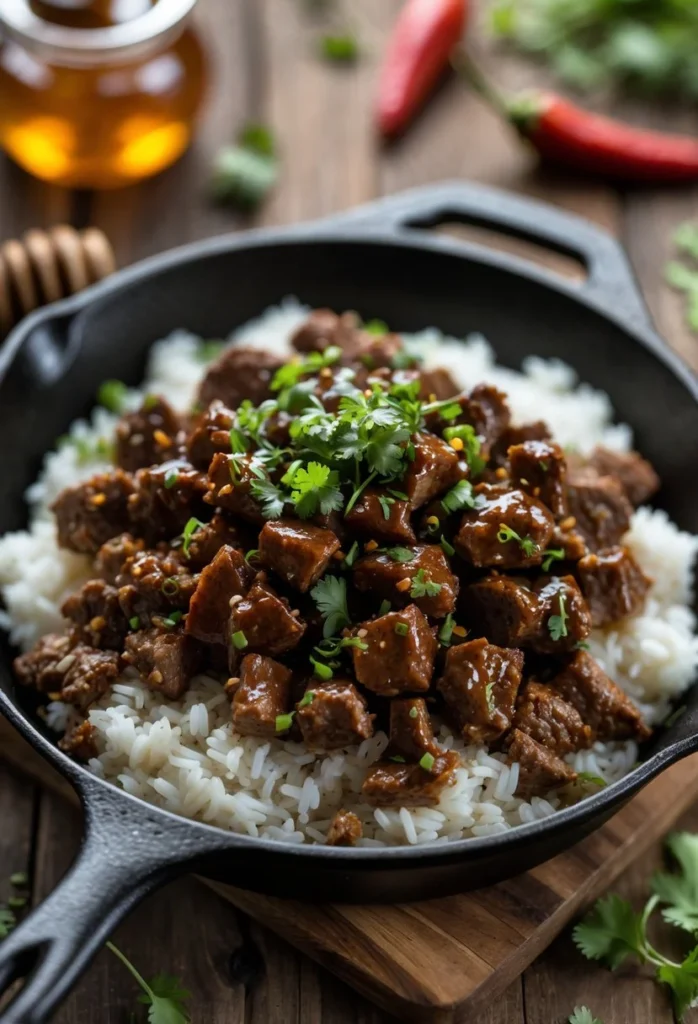 A skillet with smoky honey chili beef served over white rice, garnished with fresh green herbs on a wooden surface.