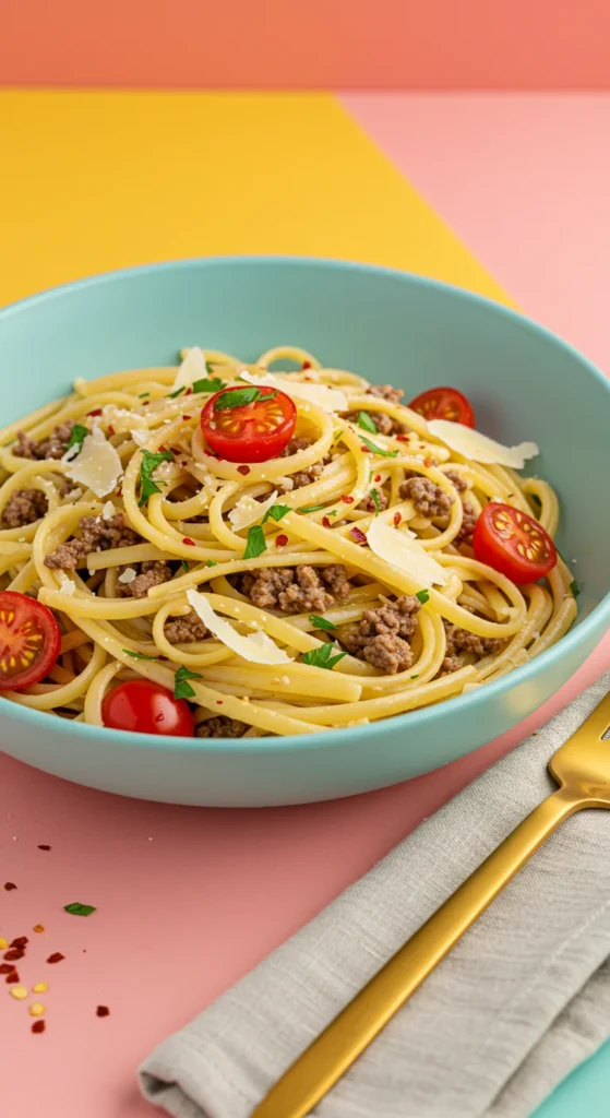 Savory Garlic Butter Ground Beef Linguine 