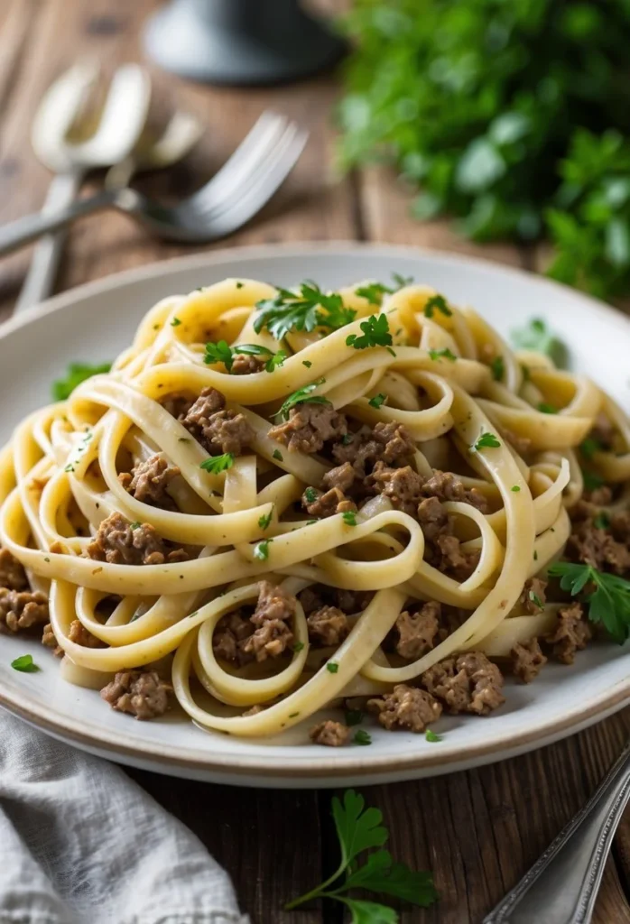 A plate of garlic butter ground beef linguine pasta garnished with fresh herbs on a wooden table.