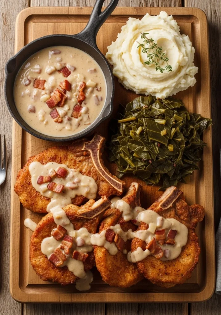 Serving Suggestions of Country Fried Pork Chops with Bacon Gravy
