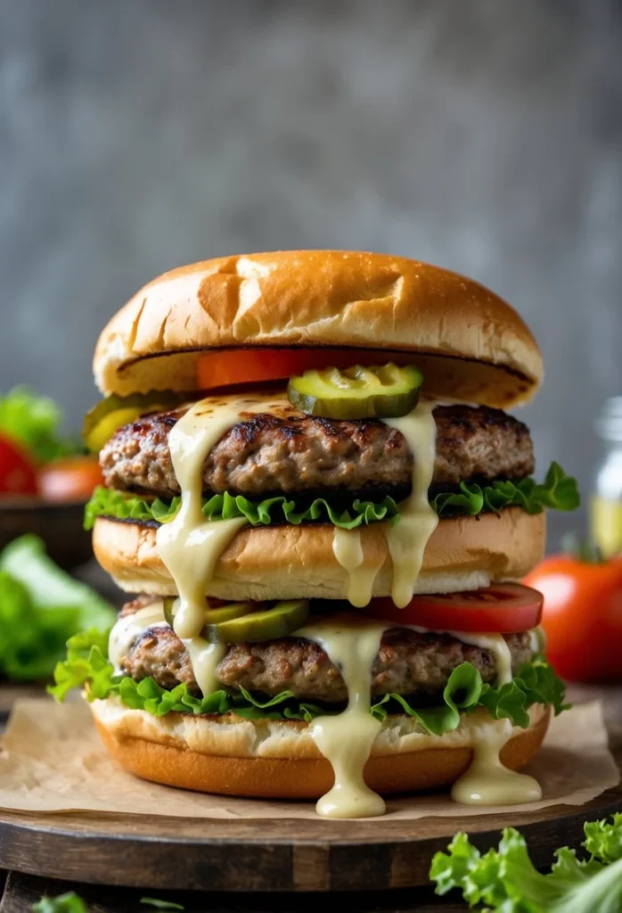 Two smash burgers with melted cheese, lettuce, tomato, pickles, and creamy sauce on toasted buns on a wooden surface.