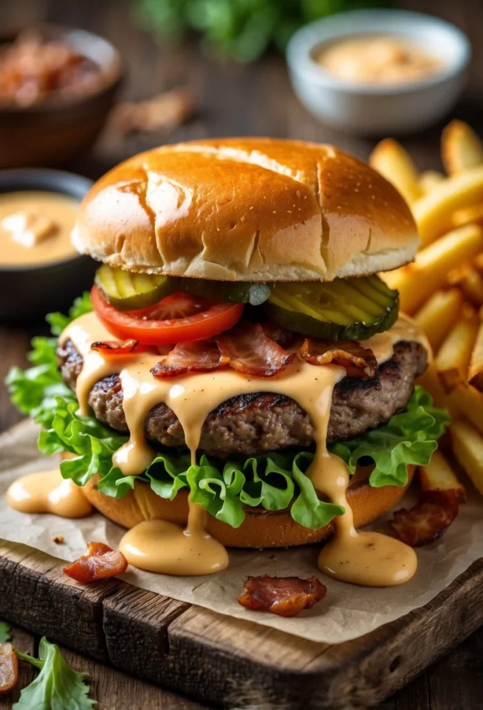 A close-up of a smash burger with melted cheese, lettuce, tomato, pickles, and creamy sauce on a toasted bun, served with fries and a small bowl of sauce on a wooden board.