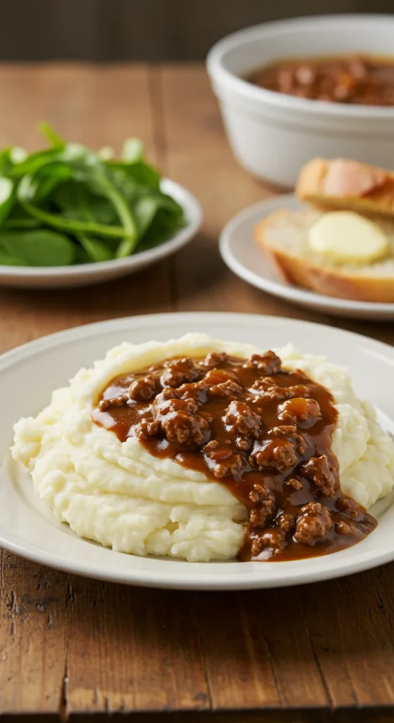 serving suggestions of Hamburger Gravy Over Mashed Potatoes