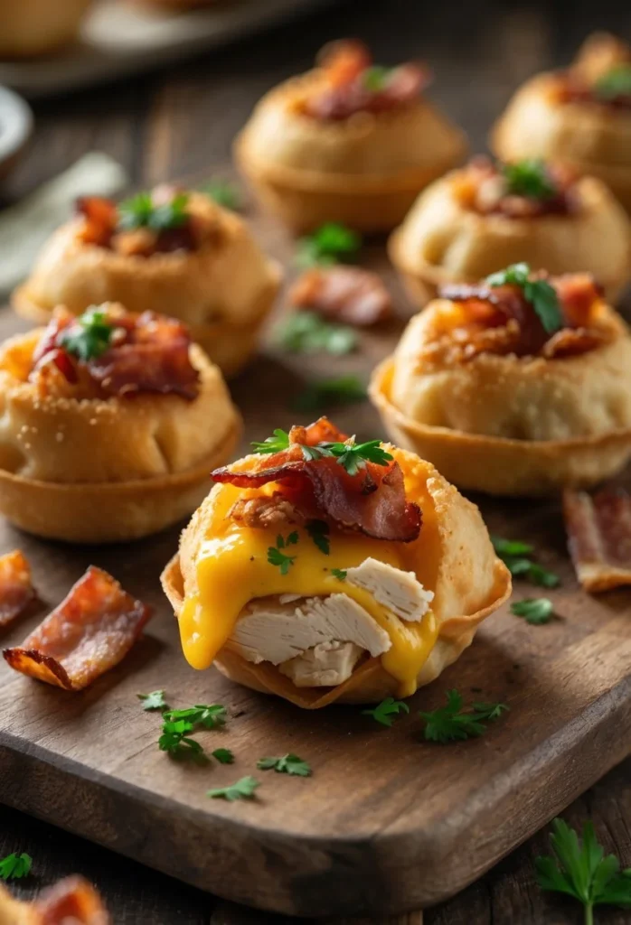 v2 12egfh 8ccw7 Close-up of crispy golden wonton bombs filled with melted cheese, chicken, and bacon on a wooden board with herbs.