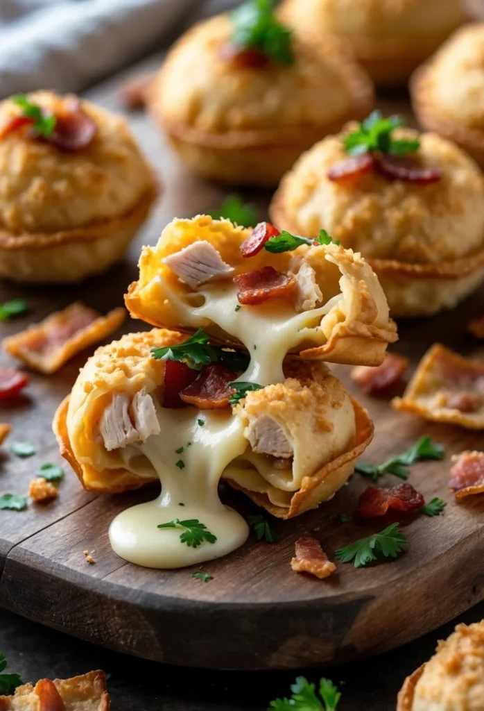 v2 12egfr cp0zk Close-up of crispy wonton bombs filled with chicken, bacon, and melted cheese on a wooden board with fresh herbs.