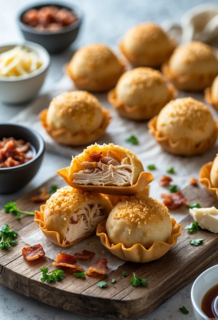v2 12egg5 kpm2j A close-up of crispy golden wonton bombs stuffed with chicken, bacon, and melted cheese, arranged on a wooden board with small bowls of ingredients and dipping sauces nearby.
