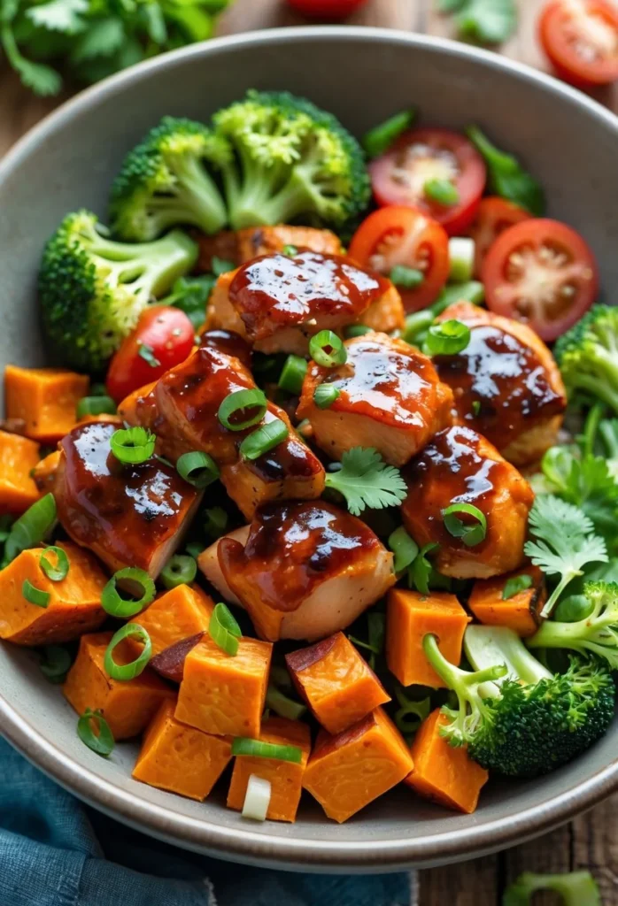 v2 12egi2 t8n14 A bowl containing BBQ chicken, roasted sweet potatoes, broccoli, cherry tomatoes, and green onions on a wooden table.