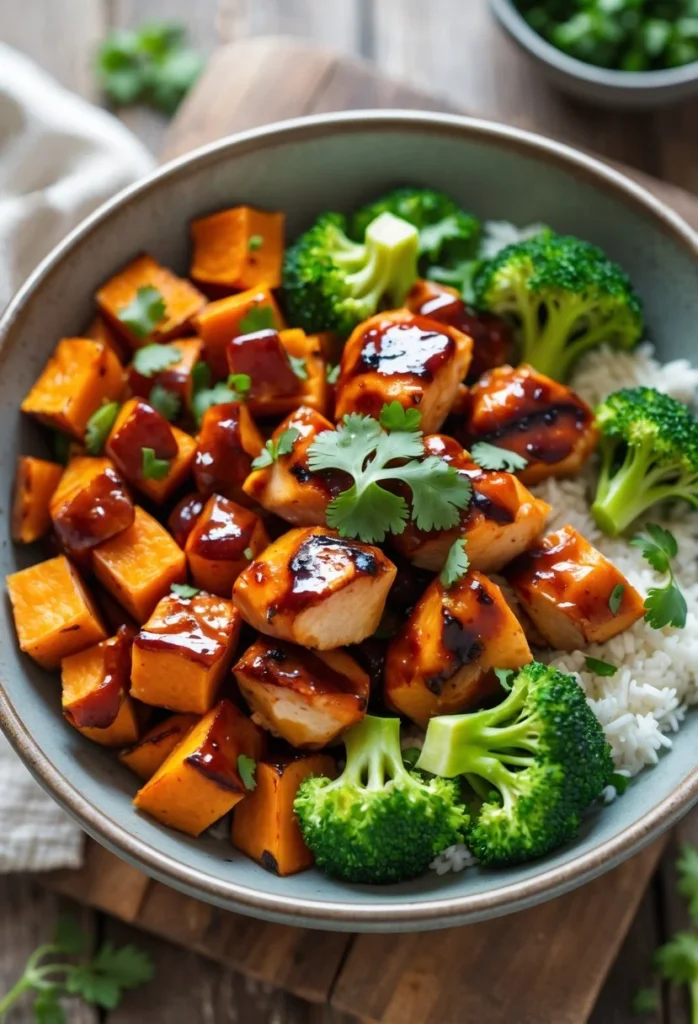 v2 12egic hyec8 A bowl containing BBQ chicken, roasted sweet potatoes, and steamed broccoli on a wooden table.