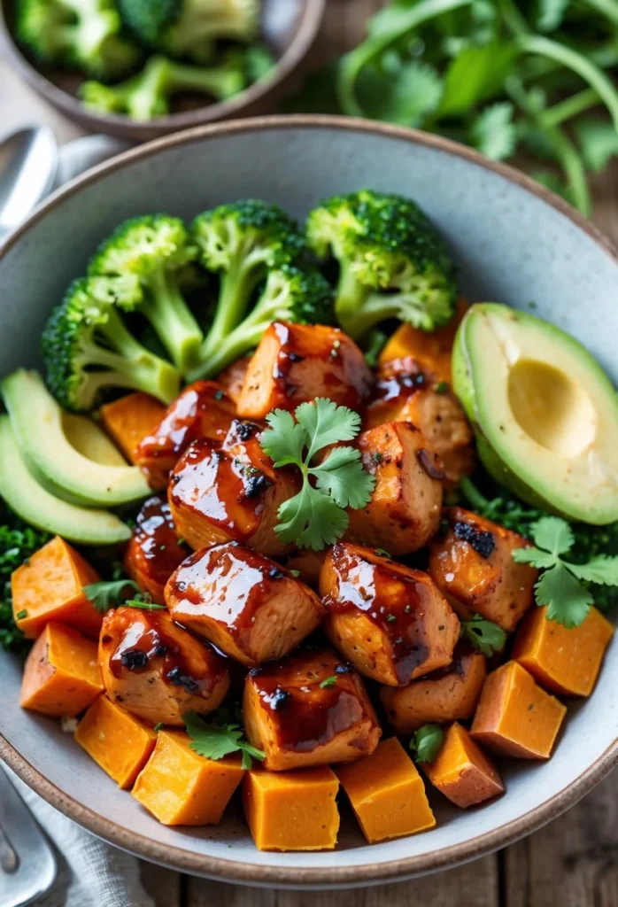 v2 12egiq o9qyd A bowl containing grilled BBQ chicken, roasted sweet potatoes, broccoli, avocado slices, and cilantro on a wooden table.