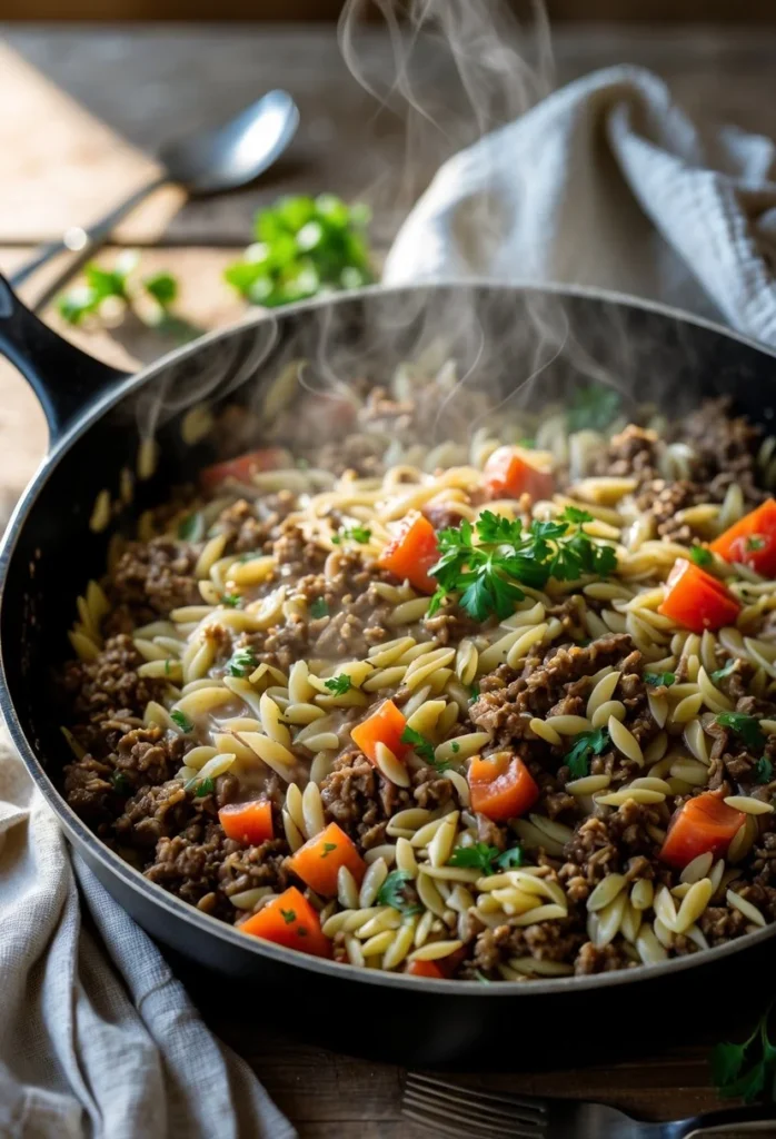 v2 12elcn 4kuhq A skillet filled with ground beef and orzo pasta mixed with diced tomatoes and herbs on a wooden table.