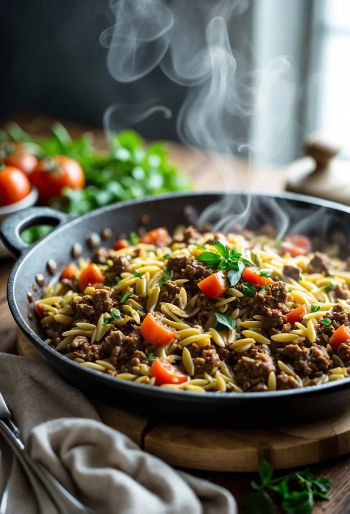 v2 12eld1 8uck6 A skillet filled with a cooked one-pan meal of ground beef and orzo pasta garnished with fresh herbs on a wooden table.