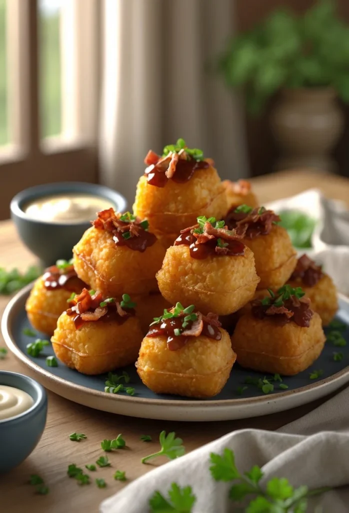 Smoky Pulled Pork Bacon Tater Tot Bombs 1 1 A plate of crispy tater tot bombs filled with smoky pulled pork and bacon, garnished with fresh herbs and served with a creamy dipping sauce.