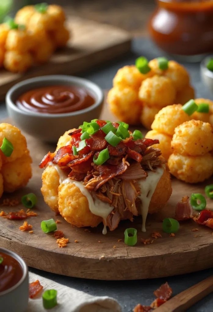 Smoky Pulled Pork Bacon Tater Tot Bombs 2 A plate of crispy tater tots stuffed with smoky pulled pork and bacon, served with barbecue sauce and garnished with green onions.