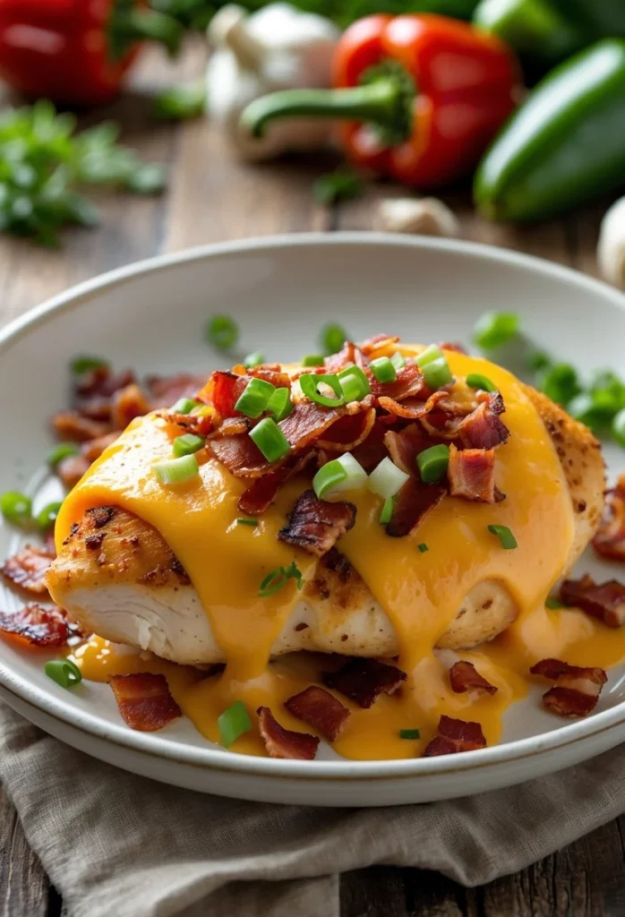 Easy Pepper Jack Crack Chicken 2 A plate of golden brown chicken topped with melted cheese, bacon bits, and chopped green onions on a wooden table.