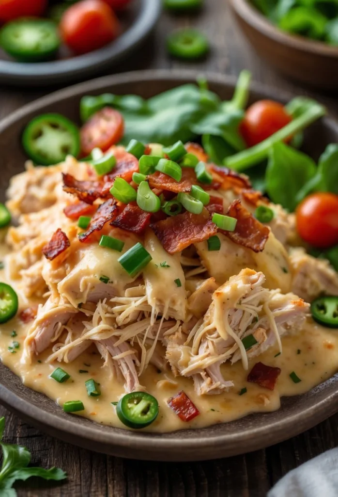 Easy Pepper Jack Crack Chicken 3 A plate of creamy shredded chicken topped with melted cheese, bacon bits, and green onions, garnished with jalapeño slices and fresh vegetables.