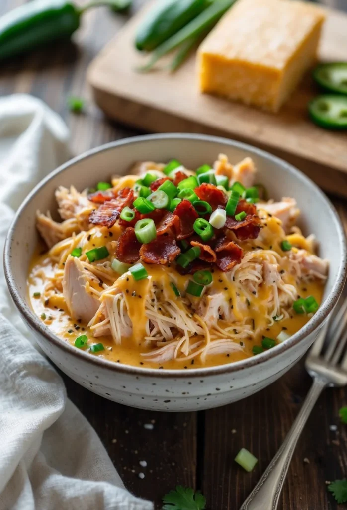 Easy Pepper Jack Crack Chicken 4 A bowl of creamy shredded chicken mixed with melted pepper jack cheese, bacon bits, and green onions on a wooden table.
