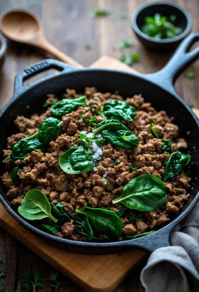 Ground Beef and Spinach Skillet 1 A skillet filled with cooked ground beef and spinach on a wooden table with kitchen utensils in the background.