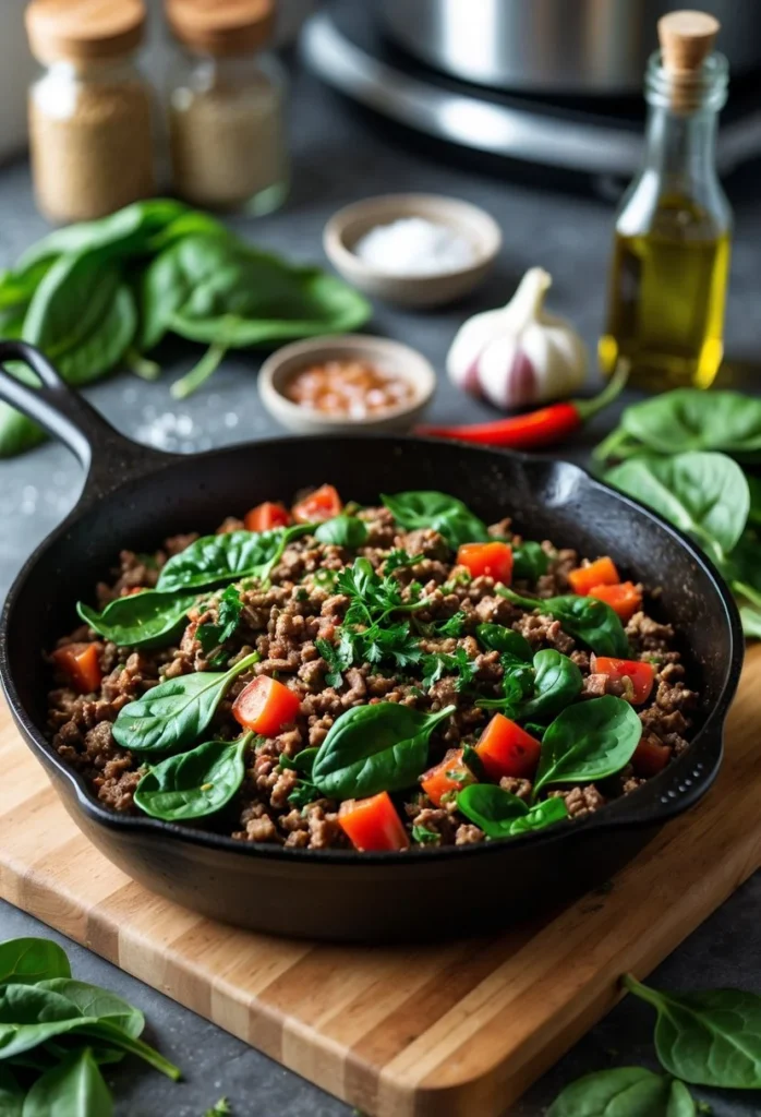 Ground Beef and Spinach Skillet 2 A skillet filled with cooked ground beef and spinach, garnished with herbs, on a wooden countertop with fresh ingredients around it in a kitchen.