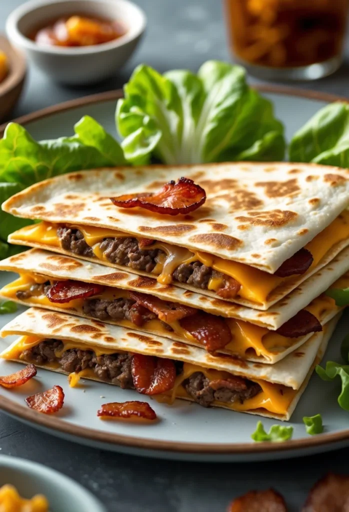 Maple Bacon Cheeseburger Quesadillas 1 A plate of quesadillas filled with melted cheese, ground beef, and bacon, garnished with lettuce and a small bowl of sauce.
