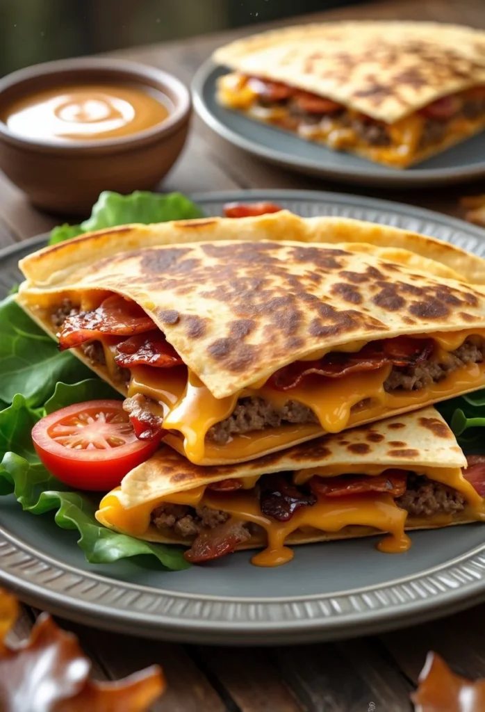 Maple Bacon Cheeseburger Quesadillas 2 A plate of golden quesadillas filled with melted cheese, ground beef, bacon, lettuce, and tomatoes, with a small bowl of dipping sauce on the side.