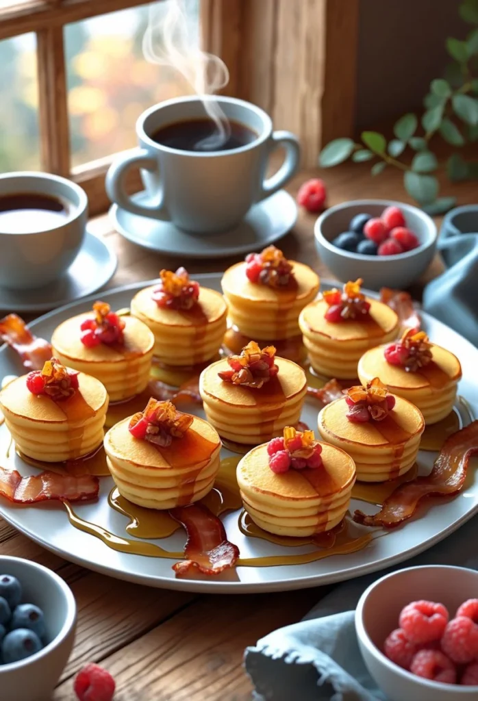 Maple Bacon Pancake Bites 1 A plate of bite-sized maple bacon pancake pieces drizzled with syrup, with bacon strips and fresh berries on a wooden table.