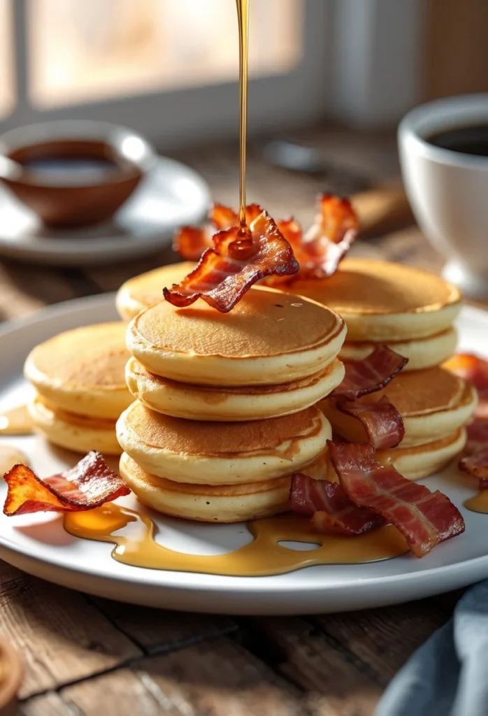 Maple Bacon Pancake Bites 2 A plate of small pancake bites layered with crispy bacon and drizzled with syrup on a wooden table.