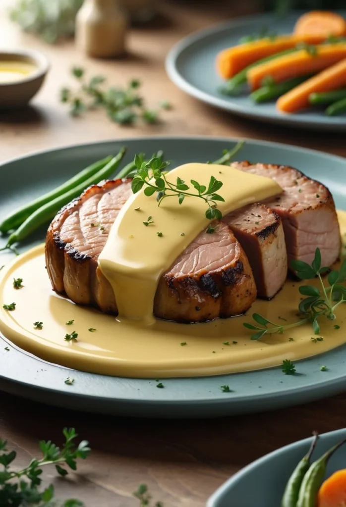 Pork Tenderloin with Dijon Cream Sauce 1 A plated pork tenderloin sliced and topped with creamy Dijon sauce, garnished with herbs and served with roasted vegetables.