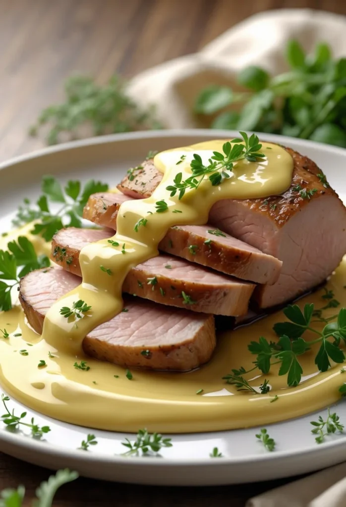 Pork Tenderloin with Dijon Cream Sauce 2 A plate with sliced pork tenderloin topped with creamy Dijon sauce and garnished with fresh herbs.
