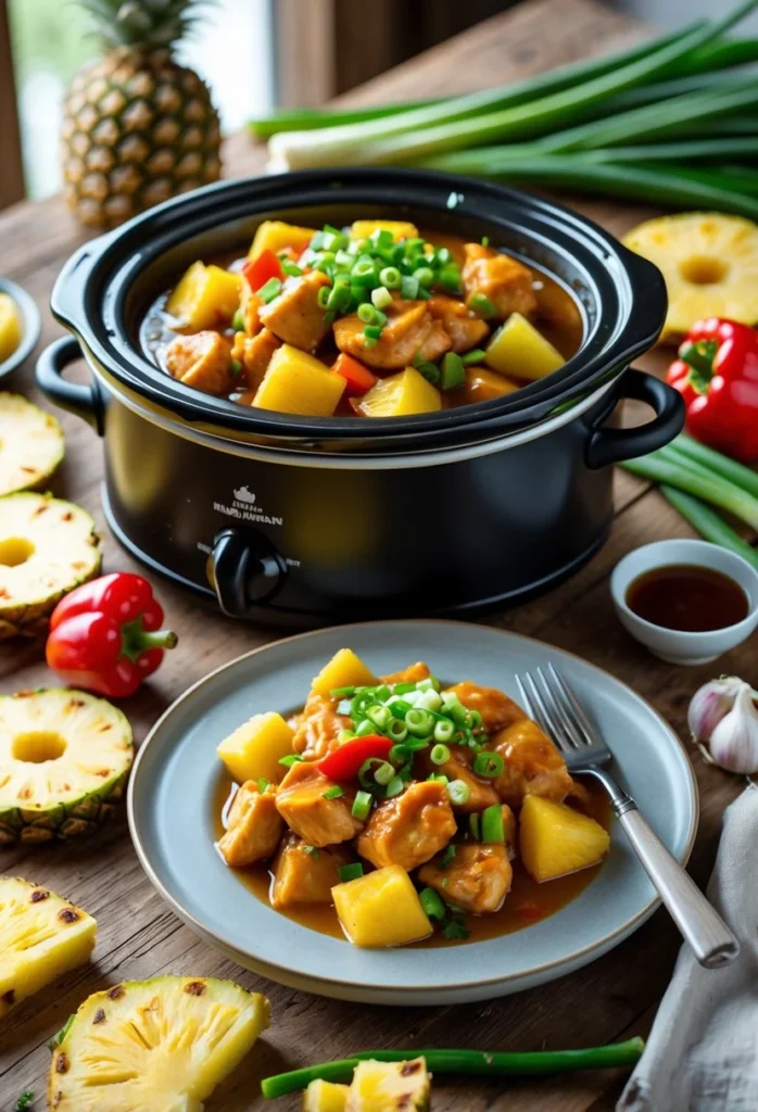 Sweet Hawaiian Crockpot Chicken 1 A slow cooker filled with sweet Hawaiian chicken surrounded by fresh pineapples, bell peppers, and green onions on a wooden table.