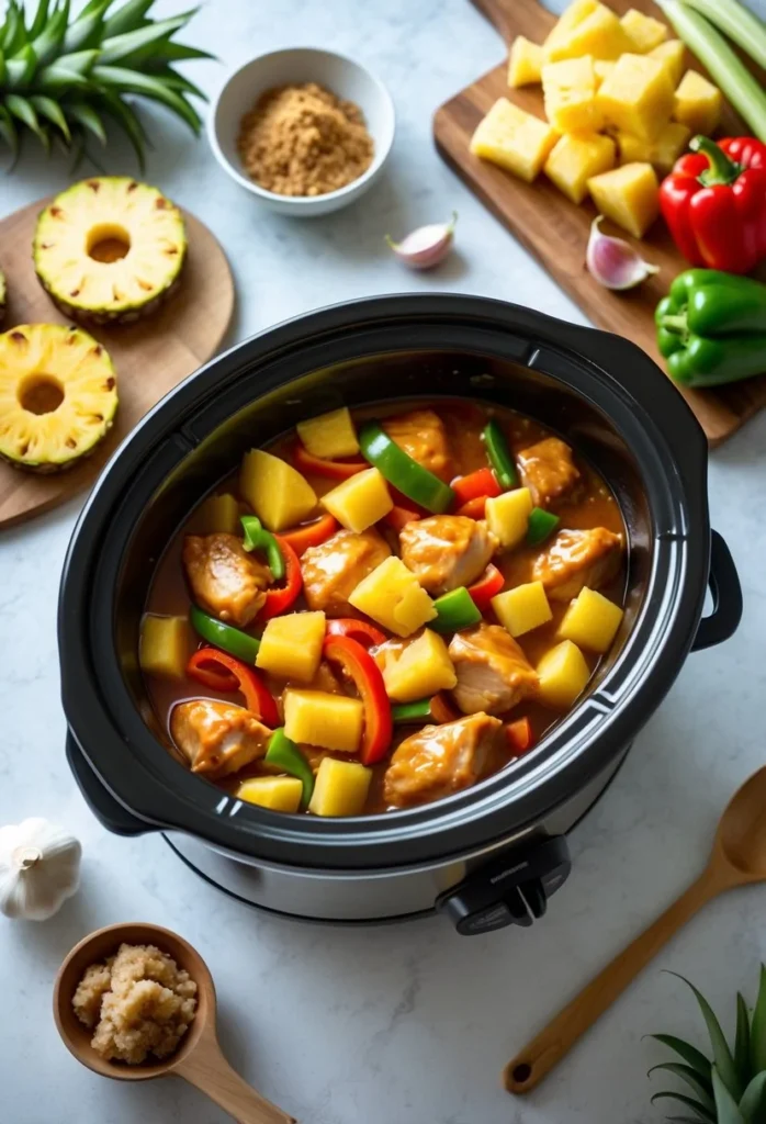 Sweet Hawaiian Crockpot Chicken 3 Slow cooker filled with glazed chicken and pineapple chunks on a kitchen countertop surrounded by fresh vegetables and cooking utensils.