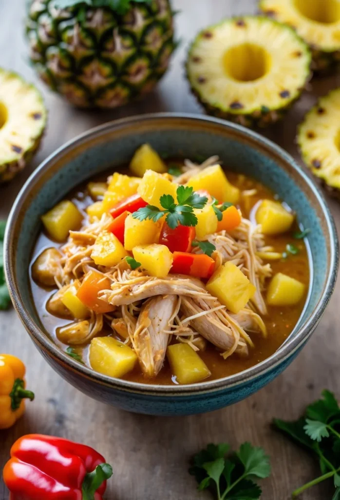 Sweet Hawaiian Crockpot Chicken 4 A bowl of shredded chicken in pineapple sauce with chunks of pineapple and bell peppers on a wooden table, surrounded by fresh pineapples and colorful bell peppers.