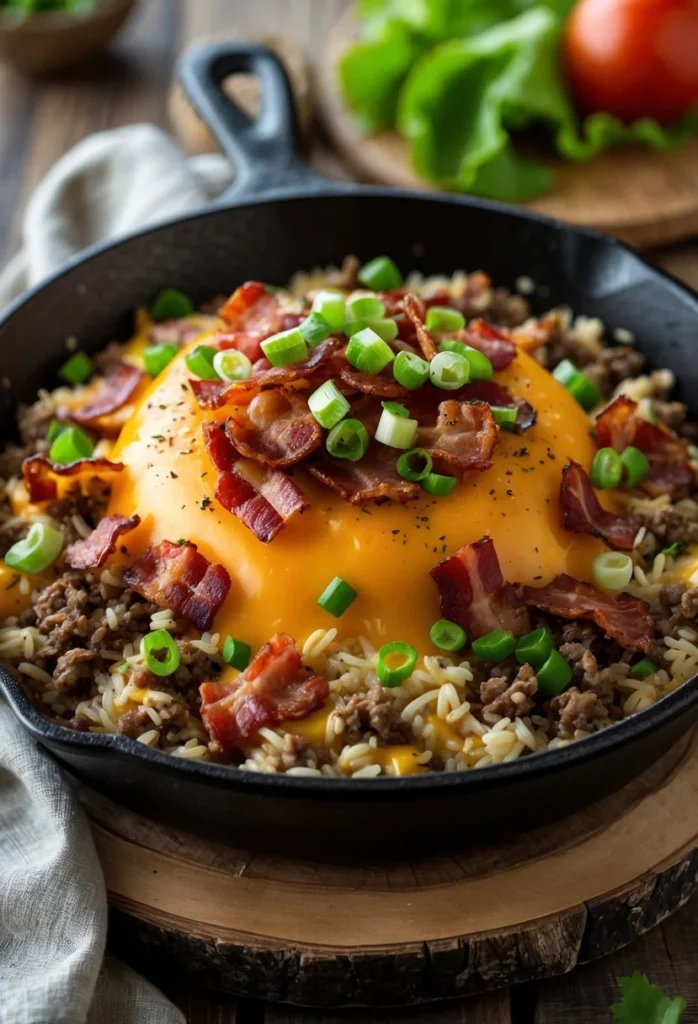Bacon Cheeseburger Rice Skillet 1 A skillet filled with a bacon cheeseburger rice dish garnished with green onions on a wooden table.