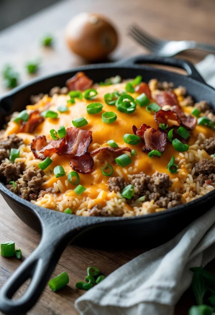 Bacon Cheeseburger Rice Skillet 2 A skillet filled with bacon cheeseburger rice topped with melted cheese and chopped green onions on a wooden table.