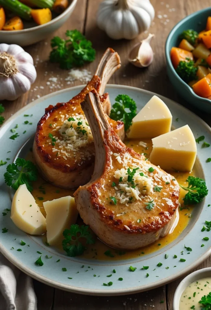 Garlic Parmesan Pork Chops 1 A plate of juicy garlic parmesan pork chops garnished with parmesan cheese and parsley, served with roasted vegetables on a wooden table.