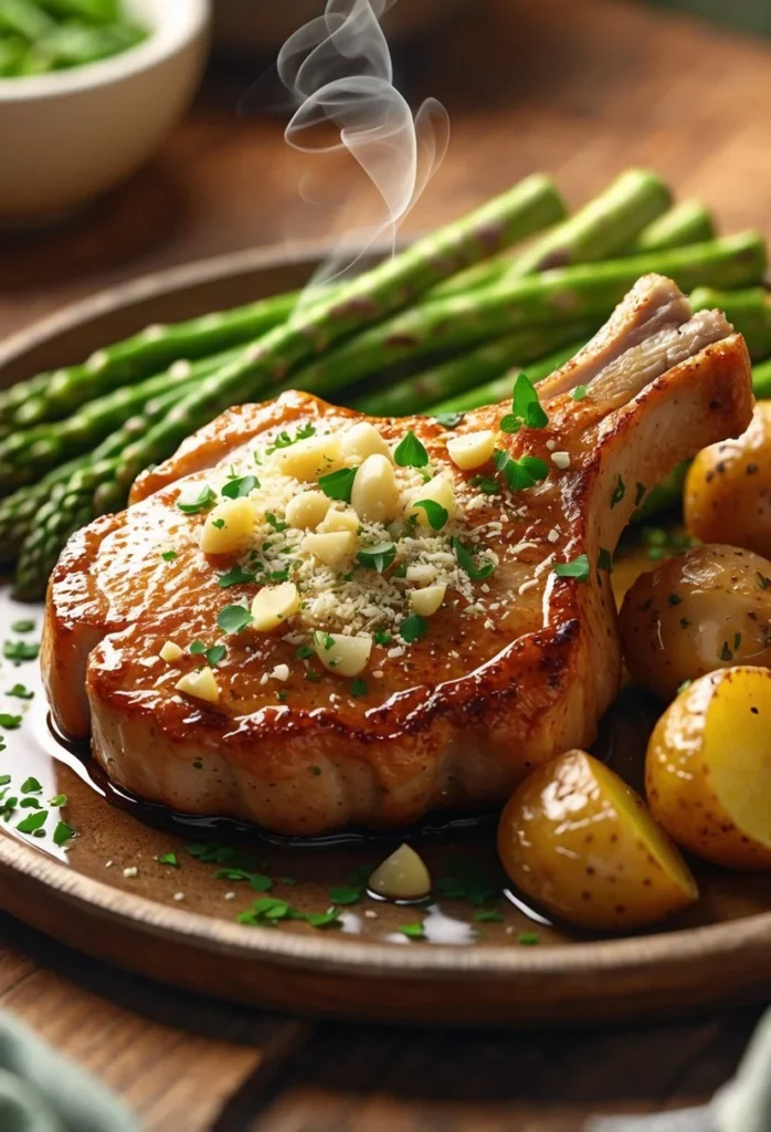 Garlic Parmesan Pork Chops 2 A plate with two garlic parmesan pork chops served with asparagus and roasted baby potatoes.