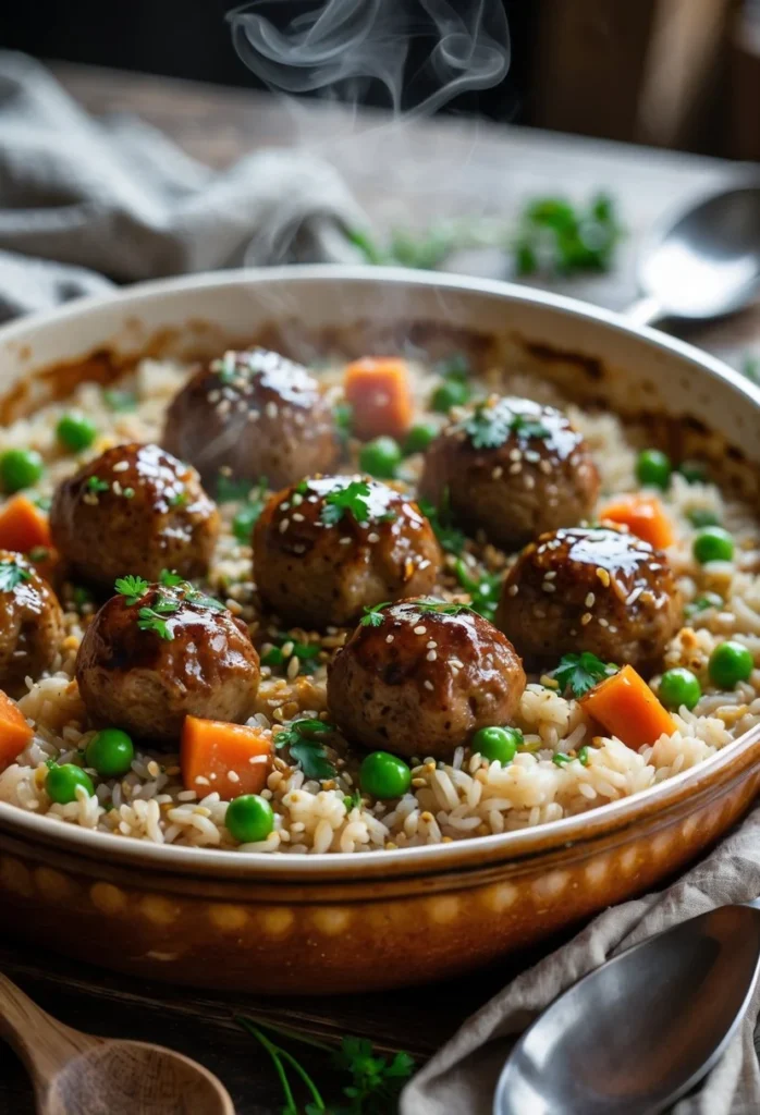 Honey Garlic Meatball Rice Bake 2 A baked casserole dish filled with honey garlic meatballs on rice with vegetables, garnished with parsley.