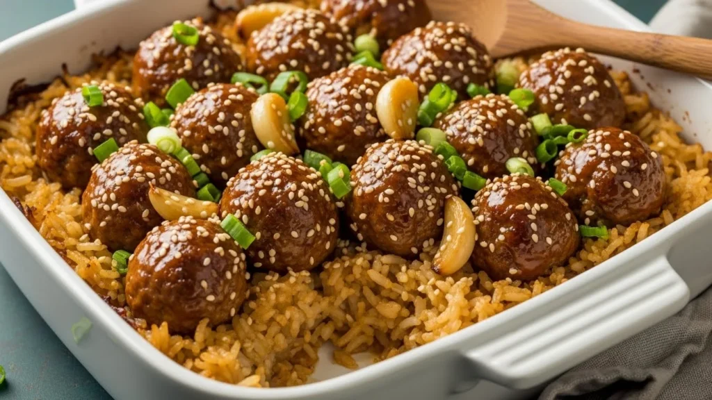 Honey Garlic Meatball Rice Bake Feature Image