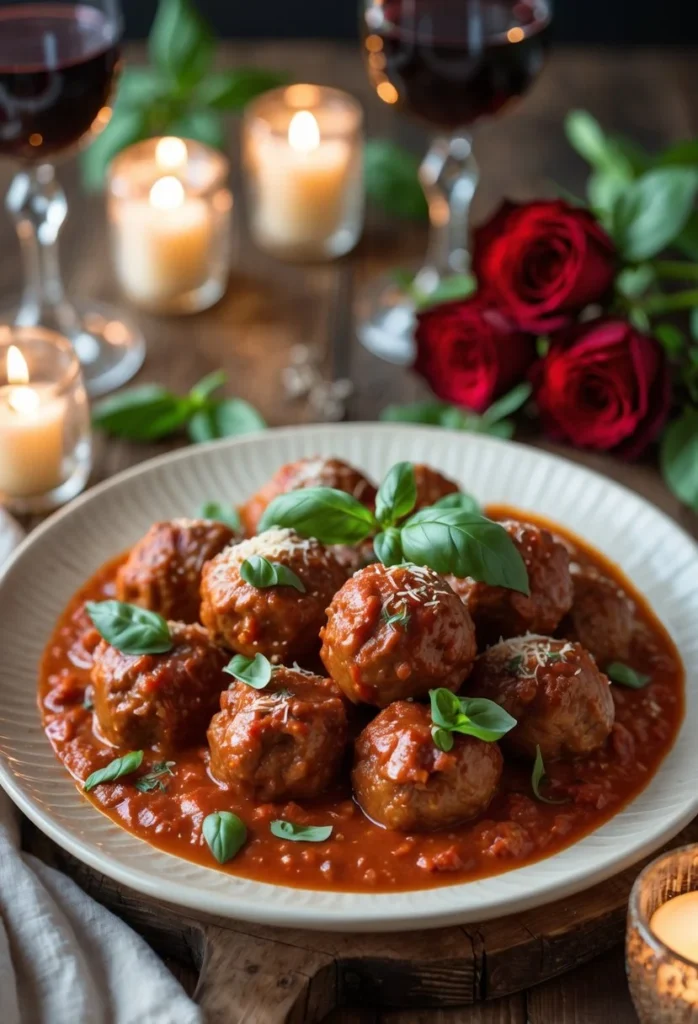 Marry Me Meatballs 1 1 A plate of meatballs in tomato sauce on a wooden table with candles, wine glasses, and red roses arranged for a romantic dinner.