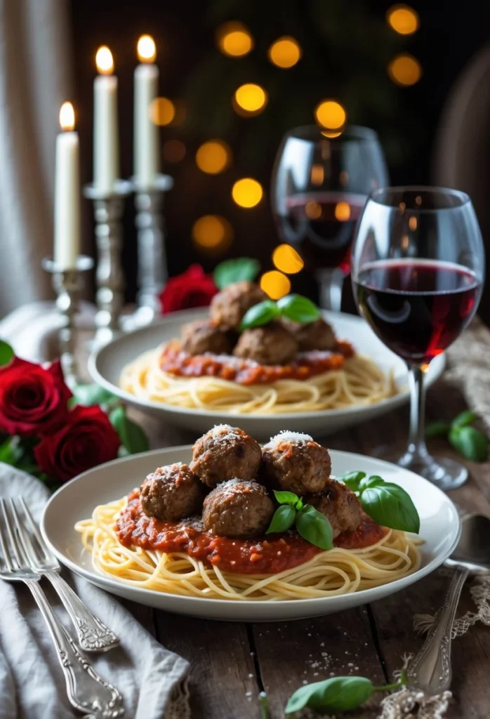 Marry Me Meatballs 2 1 A romantic dinner table with a plate of meatballs in tomato sauce over spaghetti, surrounded by candles, wine glasses, and a vase of red roses.