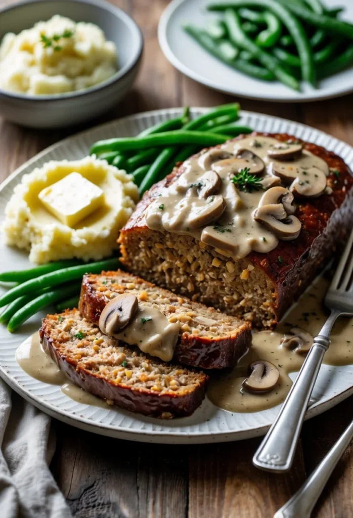 Meatloaf with Mushroom Gravy 2 A plate of sliced meatloaf topped with mushroom gravy, served with mashed potatoes and green beans on a wooden table.