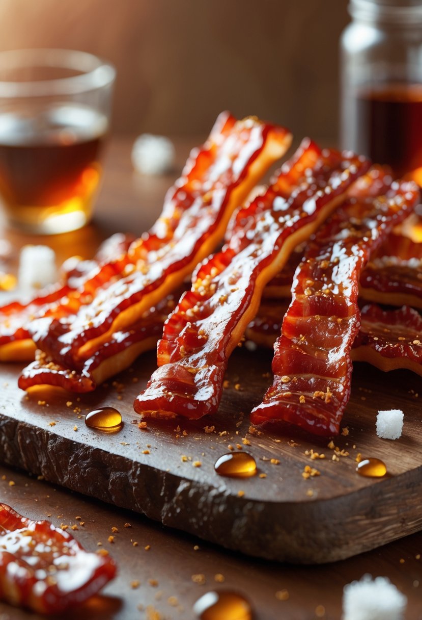 v2 12i4hv 0vgys Several pieces of candied bacon glazed with a sticky, reddish-brown coating arranged on a wooden board.