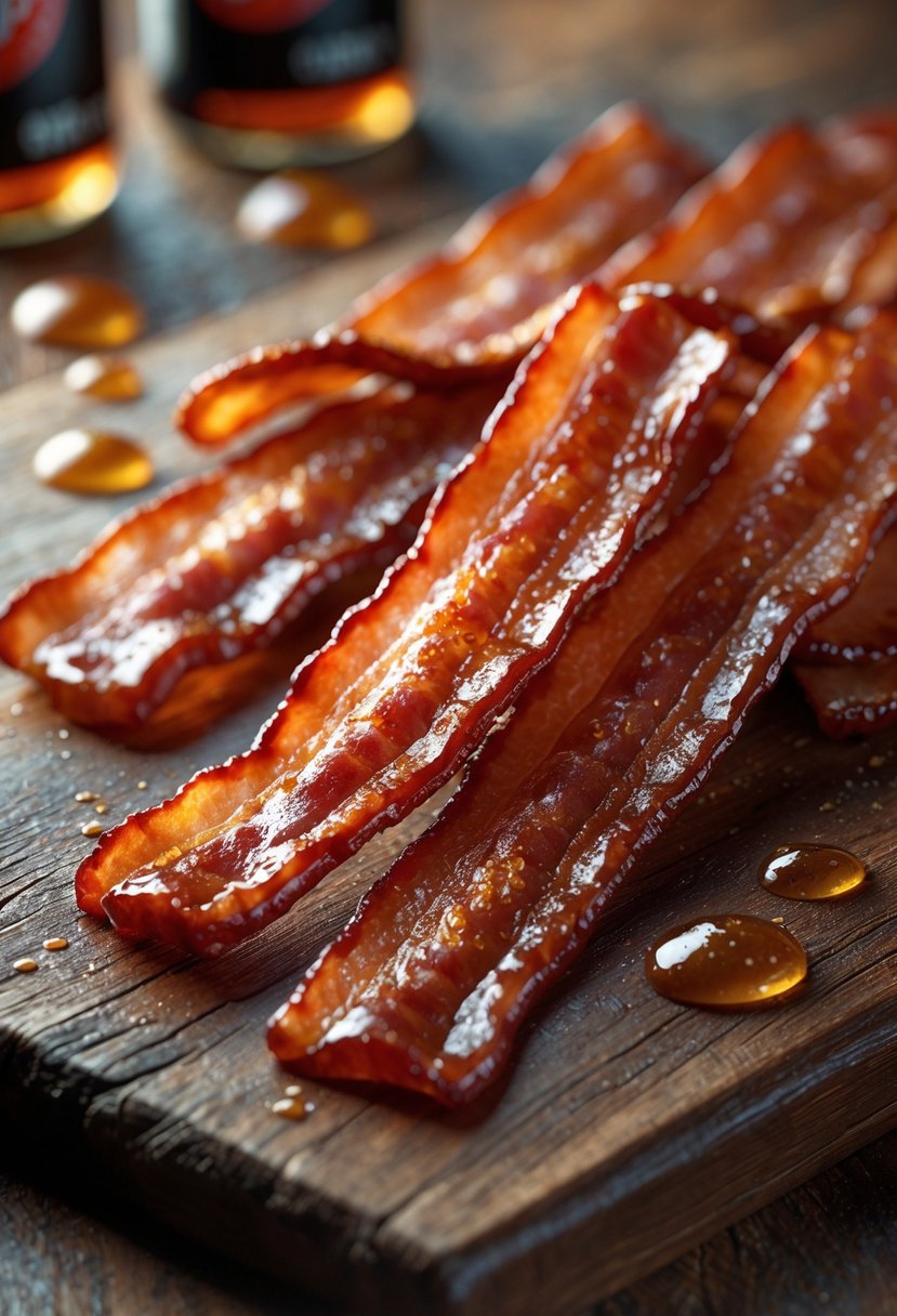 v2 12i4ia 3042l Several strips of glossy, caramelized candied bacon arranged on a wooden board with a blurred soda bottle in the background.