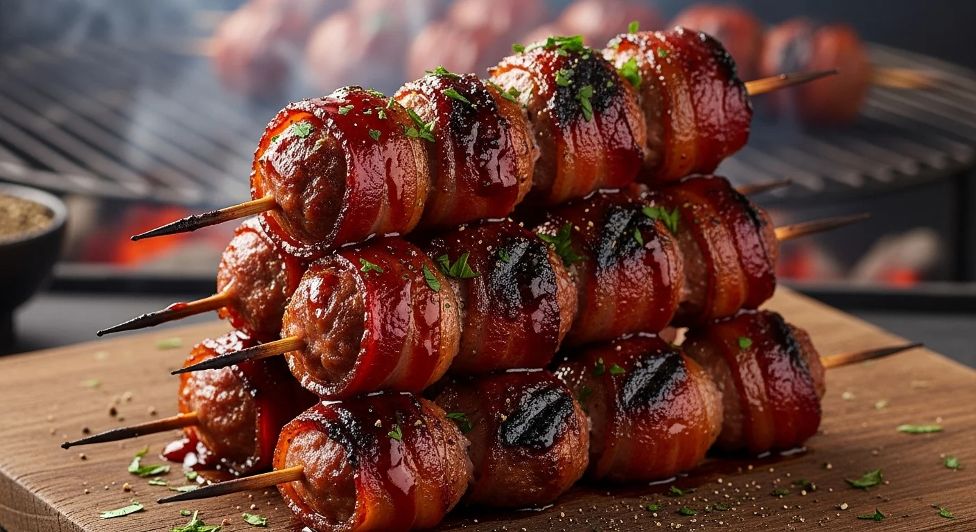 Bacon Wrapped BBQ Meatball Skewers