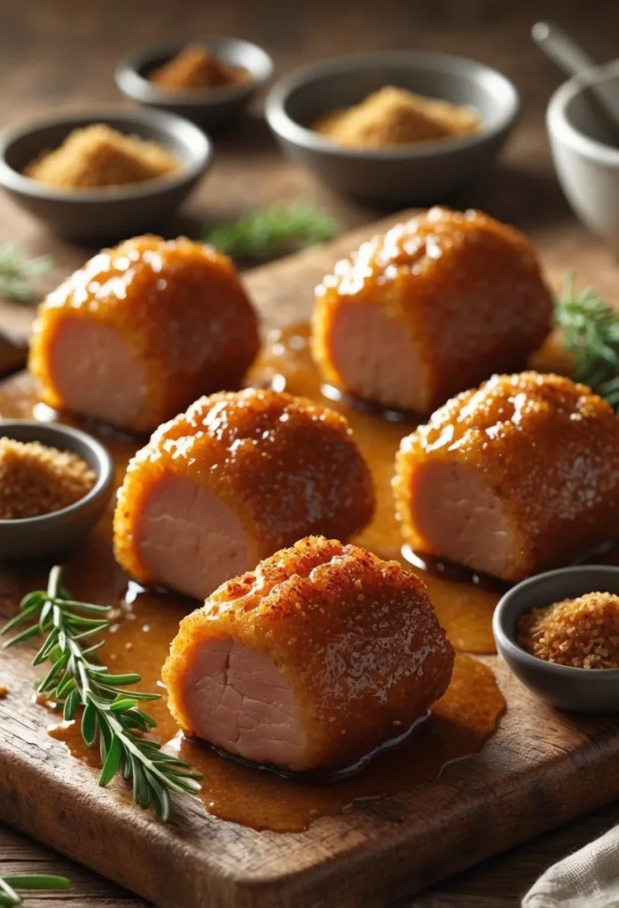 Crispy Brown Sugar Glazed Pork Tenderloin Bombs 2 Several glazed pork tenderloin bites arranged on a wooden board with rosemary and small bowls of spices nearby.