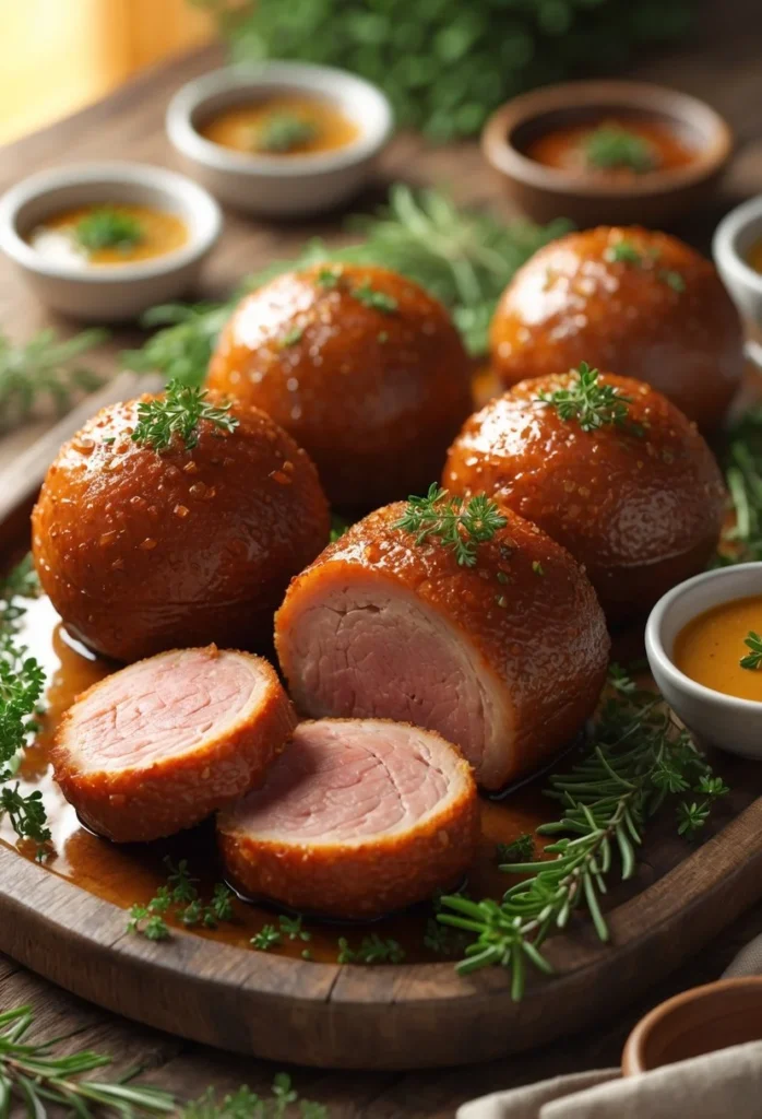 Crispy Brown Sugar Glazed Pork Tenderloin Bombs 3 A platter of crispy brown sugar glazed pork tenderloin bombs with caramelized glaze and fresh herbs on a wooden board.