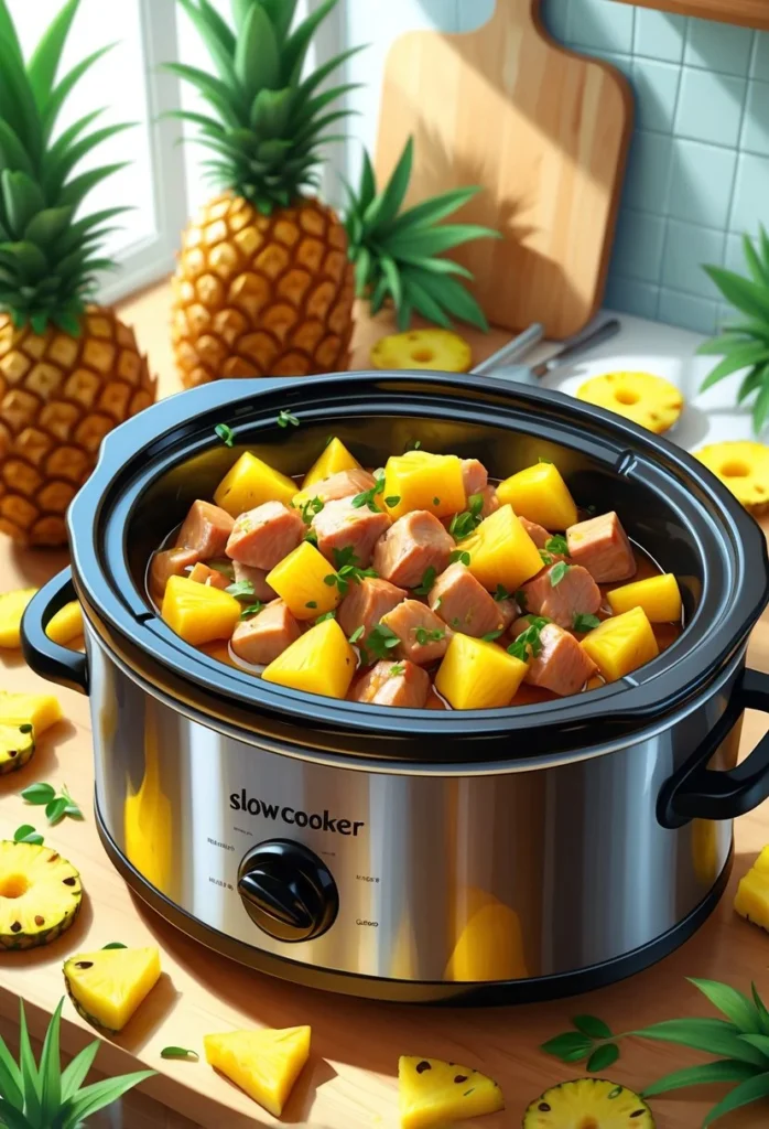 Slow Cooker Pineapple Pork 1 A slow cooker filled with pineapple pork surrounded by fresh pineapples and herbs on a kitchen countertop.