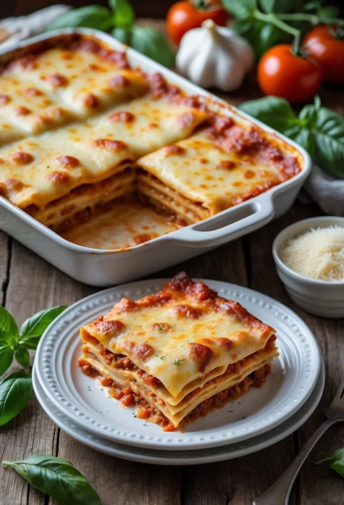 v2 12emc8 vhm77 A freshly baked creamy and cheesy lasagna on a wooden table with a slice served on a plate and fresh ingredients around it.